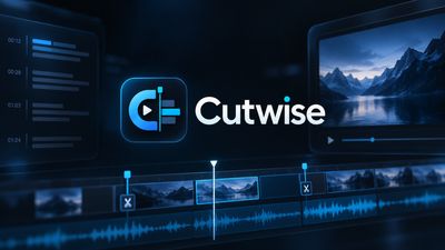 The Cutwise logo over a dark video-editing interface with a preview, timeline, cut markers and audio waveform.