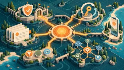 An illustrated archipelago of connected modules representing moderation, account security, mobile layout, project journals and engineering tools.