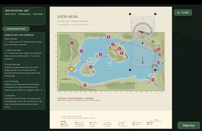 The Loch Ailsa course map showing twelve numbered controls around the loch and islands, with a baseplate compass and map key.
