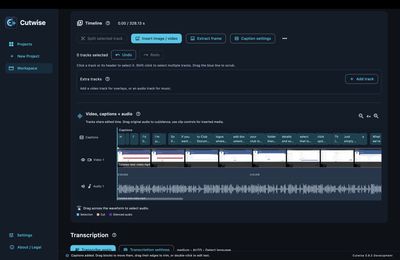 Cutwise in dark mode showing editable caption blocks above a video filmstrip and audio waveform, with controls for undo, frame extraction and extra tracks.