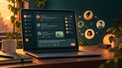 A laptop showing a dark teal community app beside a group of connected member portraits in warm morning light.